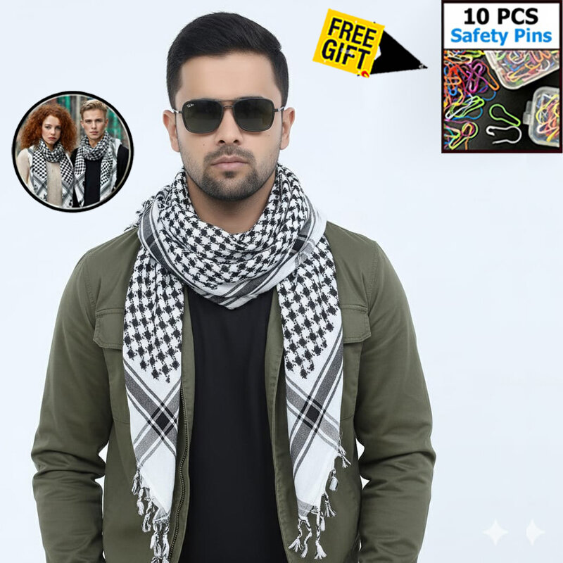 Picture of Premium Muslim Head Scarf | Soft Cotton Black White Check Haji Rumal | Unisex Arab Style Prayer Cloth, Hijab & Travel Shawl for Islamic Use + Free Gift 10 PCS Multi-Color Safety Pins!  - One size