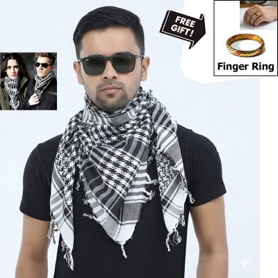Picture of Premium Muslim Head Scarf | Soft Cotton Black White Check Haji Rumal | Unisex Arab Style Prayer Cloth, Hijab & Travel Shawl for Islamic Use + Free Gift 1 Piece Finger Ring!  - One size