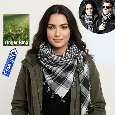 Picture of Premium Muslim Head Scarf | Soft Cotton Black White Check Haji Rumal | Unisex Arab Style Prayer Cloth, Hijab & Travel Shawl for Islamic Use + Free Gift 1 Piece Finger Ring!  - One size