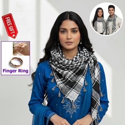 Picture of Premium Muslim Head Scarf | Soft Cotton Black White Check Haji Rumal | Unisex Arab Style Prayer Cloth, Hijab & Travel Shawl for Islamic Use + 1 Piece Finger Ring (Free Gift)  - One size