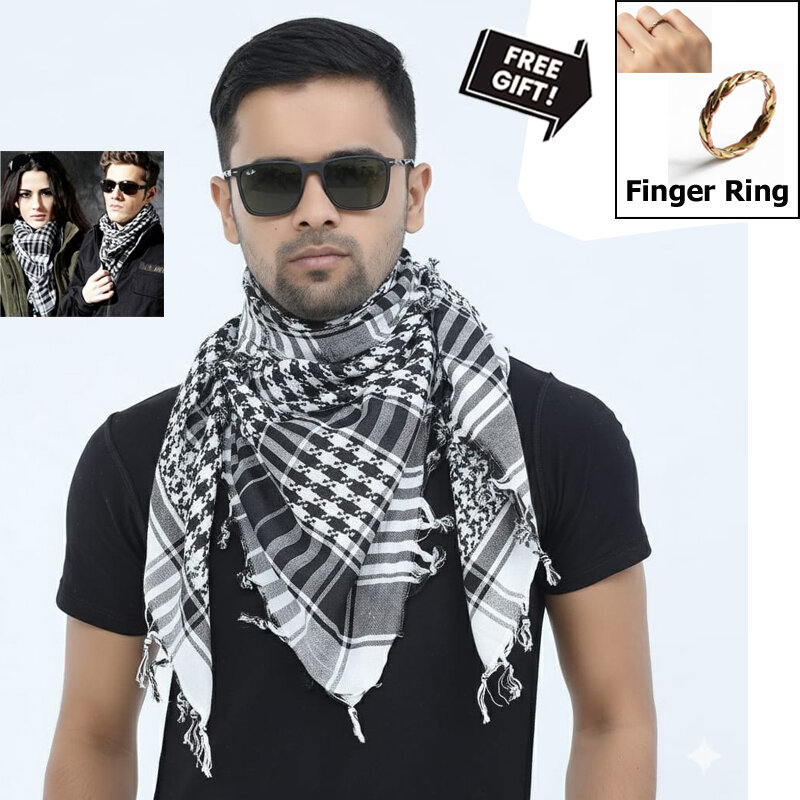 Picture of Premium Muslim Head Scarf | Soft Cotton Black White Check Haji Rumal | Unisex Arab Style Prayer Cloth, Hijab & Travel Shawl for Islamic Use + 1 Piece Finger Ring (Free Gift)  - One size