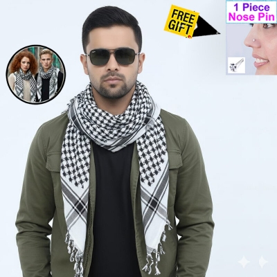 Picture of Premium Muslim Head Scarf | Soft Cotton Black White Check Haji Rumal | Unisex Arab Style Prayer Cloth, Hijab & Travel Shawl for Islamic Use + Free Gift 1 Piece Nose Pin!  - One size