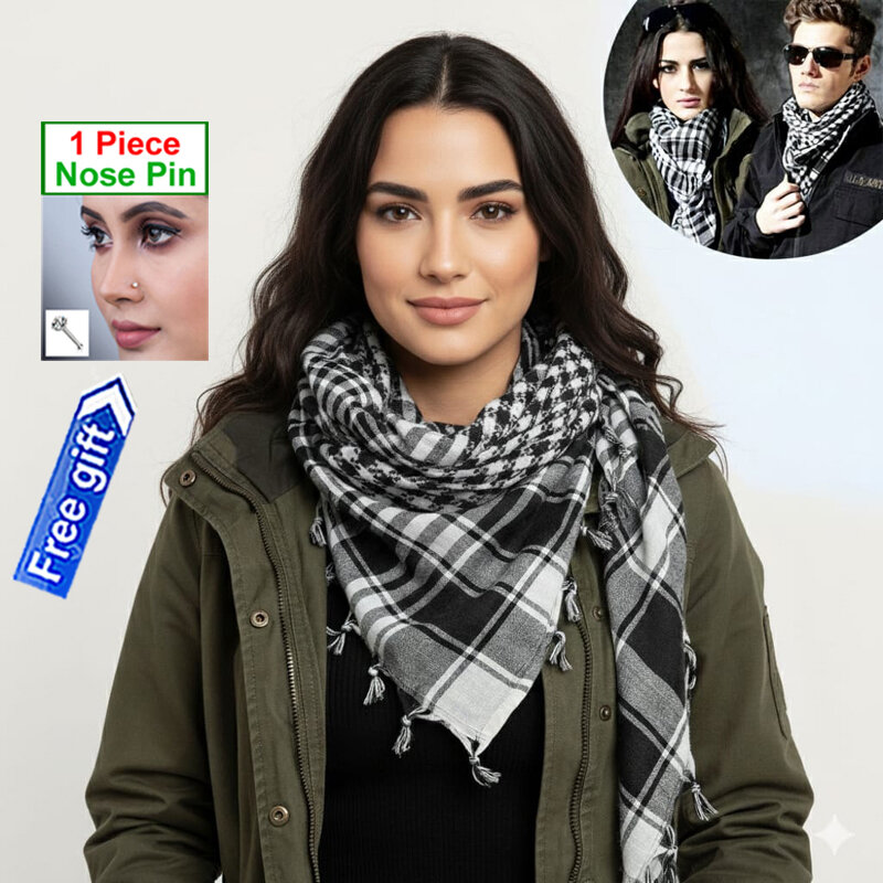 Picture of Premium Muslim Head Scarf | Soft Cotton Black White Check Haji Rumal | Unisex Arab Style Prayer Cloth, Hijab & Travel Shawl for Islamic Use + Free Gift 1 Piece Nose Pin!  - One size