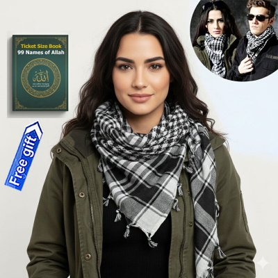 Picture of Premium Muslim Head Scarf | Soft Cotton Black White Check Haji Rumal | Unisex Arab Style Prayer Cloth, Hijab & Travel Shawl for Islamic Use + Free Gift 99 Beautiful Names of Allah (Ticket Size Book)!  - One size