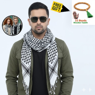 Picture of Premium Muslim Head Scarf | Soft Cotton Black White Check Haji Rumal | Unisex Arab Style Prayer Cloth, Hijab & Travel Shawl for Islamic Use + Free Gift - 33 Beads Wooden Tasbih!  - One size