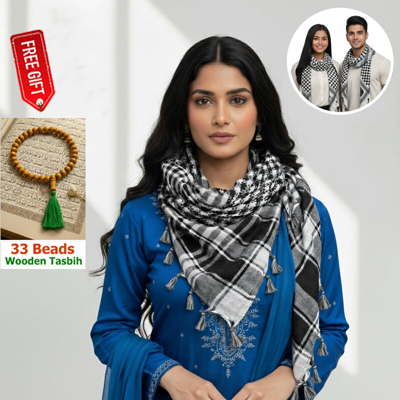 Picture of Premium Muslim Head Scarf | Soft Cotton Black White Check Haji Rumal | Unisex Arab Style Prayer Cloth, Hijab & Travel Shawl for Islamic Use + Free Gift - 33 Beads Wooden Tasbih!  - One size