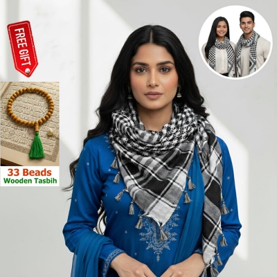 Picture of Premium Muslim Head Scarf | Soft Cotton Black White Check Haji Rumal | Unisex Arab Style Prayer Cloth, Hijab & Travel Shawl for Islamic Use + Free Gift - 33 Beads Wooden Tasbih!  - One size