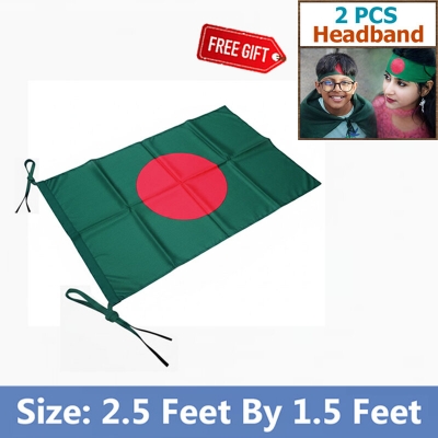 Picture of Bangladesh Flag (2.5 by 1.5) Feet – Factory Direct Supply Bright Green & Red Premium Quality Potaka for School Presentation Victory Day Programs Decoration Creative Projects and Craft Designs + Free Gift - 2  PCS Headband!
