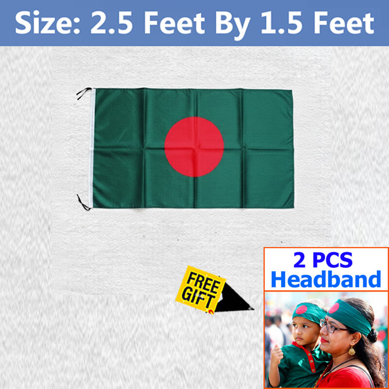 Picture of Bangladesh Flag (2.5 by 1.5) Feet – Factory Direct Supply Bright Green & Red Premium Quality Potaka for School Presentation Victory Day Programs Decoration Creative Projects and Craft Designs + Free Gift - 2  PCS Headband!