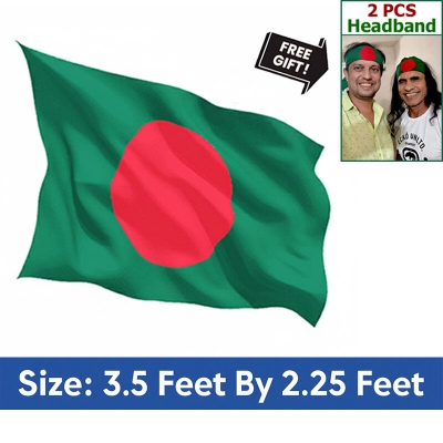 Picture of Bangladesh Flag (3.5 by 2.25) Feet – Factory Direct Supply Bright Green & Red Premium Quality Potaka for School Presentation Victory Day Programs Decoration Creative Projects and Craft Designs + Free Gift - 2  PCS Headband!