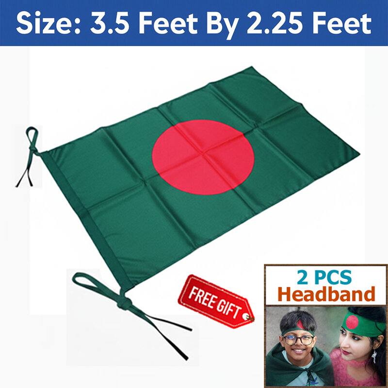 Picture of Bangladesh Flag (3.5 by 2.25) Feet – Factory Direct Supply Bright Green & Red Premium Quality Potaka for School Presentation Victory Day Programs Decoration Creative Projects and Craft Designs + Free Gift - 2  PCS Headband!