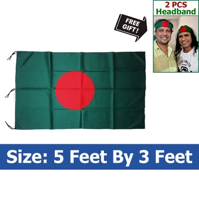 Picture of Bangladesh Flag (5 by 3) Feet – Green & Red Premium Potaka for School Presentation Victory Day Programs Decoration Creative Projects and Craft Designs + Free Gift 2 Pieces Headband!