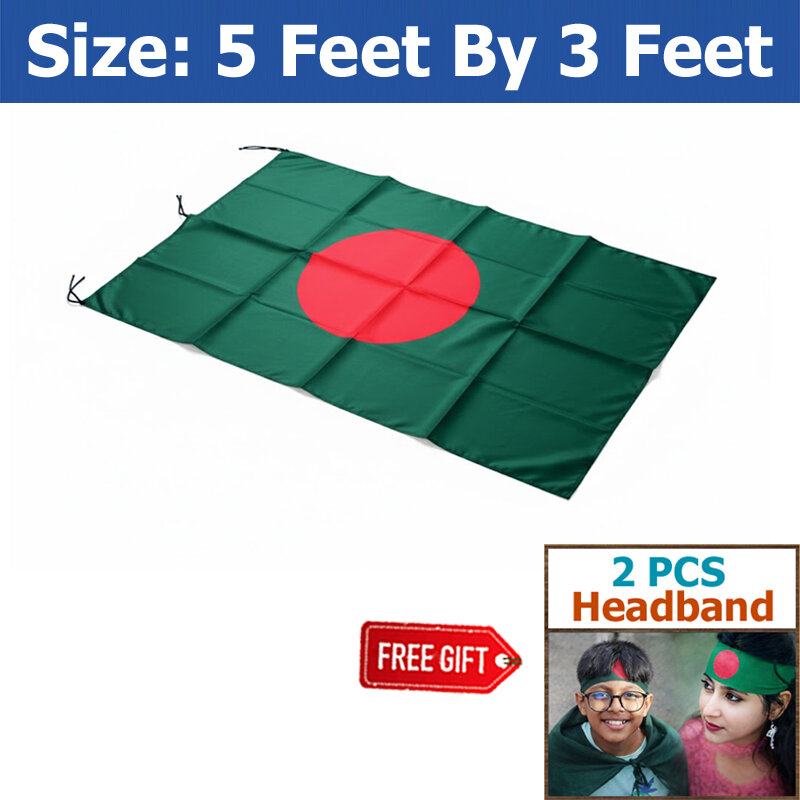 Picture of Bangladesh Flag (5 by 3) Feet – Green & Red Premium Potaka for School Presentation Victory Day Programs Decoration Creative Projects and Craft Designs + Free Gift 2 Pieces Headband!