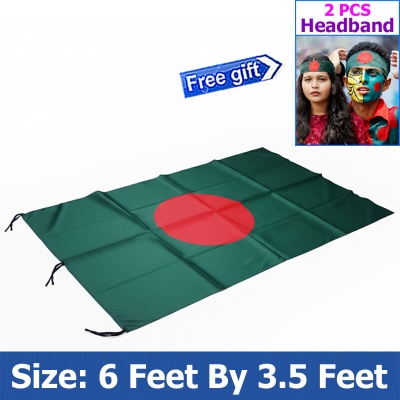 Picture of Bangladesh Flag (6 by 3.5) Feet – Factory Direct Supply Bright Green & Red Premium Quality Potaka for School Presentation Victory Day Programs Decoration Creative Projects and Craft Designs + Free Gift - 2  PCS Headband!