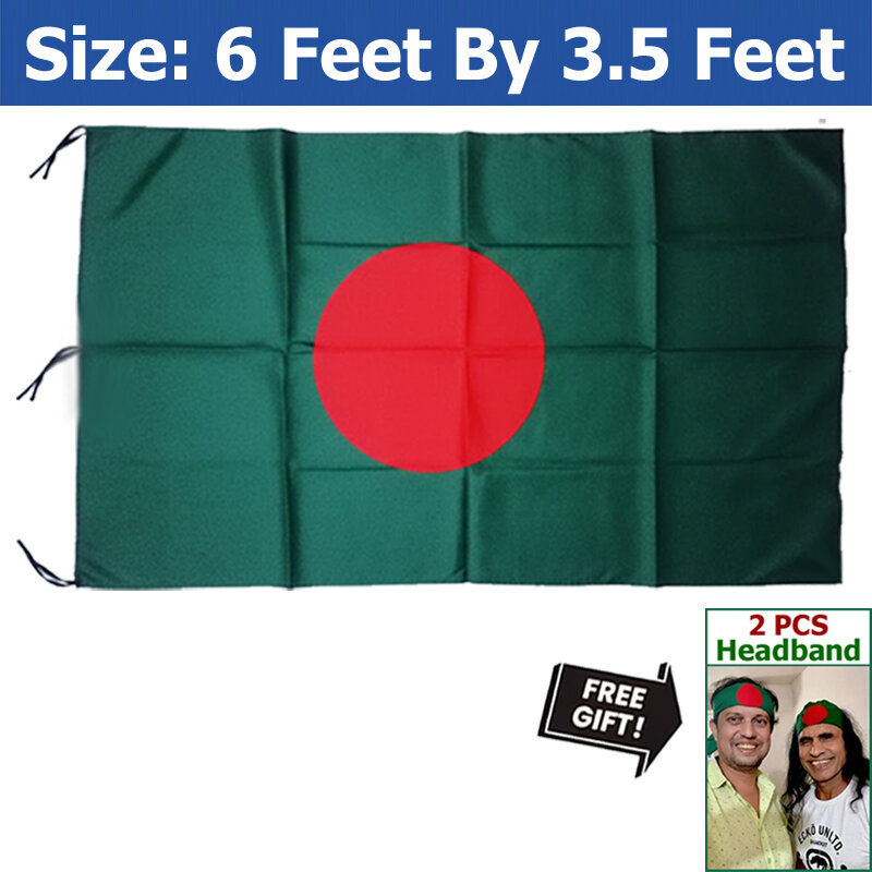 Picture of Bangladesh Flag (6 by 3.5) Feet – Factory Direct Supply Bright Green & Red Premium Quality Potaka for School Presentation Victory Day Programs Decoration Creative Projects and Craft Designs + Free Gift - 2  PCS Headband!