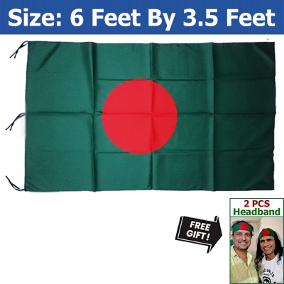 Picture of Bangladesh Flag (6 by 3.5) Feet – Factory Direct Supply Bright Green & Red Premium Quality Potaka for School Presentation Victory Day Programs Decoration Creative Projects and Craft Designs + Free Gift - 2  PCS Headband!