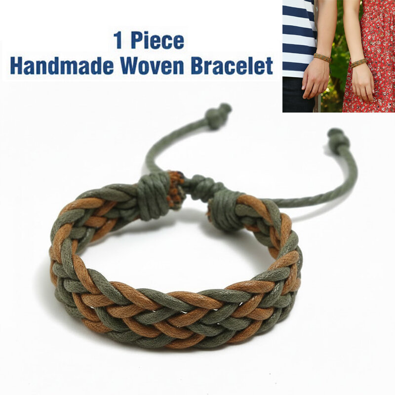 Picture of Homemade Woven Adjustable Bracelet Artisan Matching Cotton String Couple Wristwear Friendship Band Jewelry Bangles | Birthday Wedding Engagement Bridal Party Souvenir Excellent Gift for Men Women – Green Light Brown Color