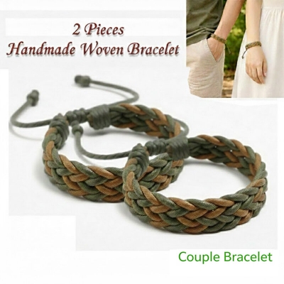 Picture of 2 PCS Handmade Woven Adjustable Bracelet Artisan Matching Cotton String Couple Wristwear Friendship Band Jewelry Braslet | Birthday Wedding Engagement Bridal Party Souvenir Excellent Gift for Men Women – Green Light Brown Color  (M)
