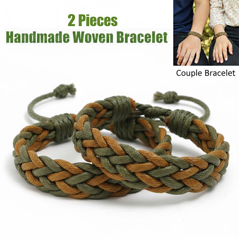 Picture of 2 PCS Handmade Woven Adjustable Bracelet Artisan Matching Cotton String Couple Wristwear Friendship Band Jewelry Braslet | Birthday Wedding Engagement Bridal Party Souvenir Excellent Gift for Men Women – Green Light Brown Color  (M)