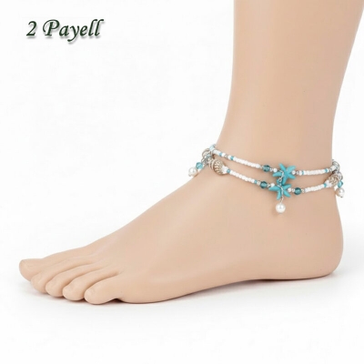 Picture of 2 PCS Hot Selling Pearl Sea Star Payell Beach Inspired Autumn Retro Design Temple Chain Anklet Hanging Pendant Foot Ornament Jewelry | Birthday Wedding Engagement Bridal Party Marriage Anniversary Elegant Gift for Modern Women – Multicolor