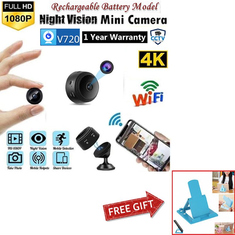 Picture of Mini CCTV Camera A9 Full HD WiFi 1080P 4K Wireless Night Vision 140° Wide Angle Lens Motion Detection Audio Video Recording App Remote Monitoring Professional Gadget Black Color Designed For Personal Protection – Complimentary Mobile Stand Added!