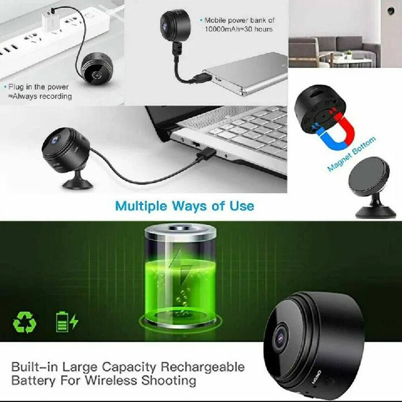Picture of Mini CCTV Camera A9 Full HD WiFi 1080P 4K Wireless Night Vision 140° Wide Angle Lens Motion Detection Audio Video Recording App Remote Monitoring Professional Gadget Black Color Designed For Personal Protection – Complimentary Mobile Stand Added!