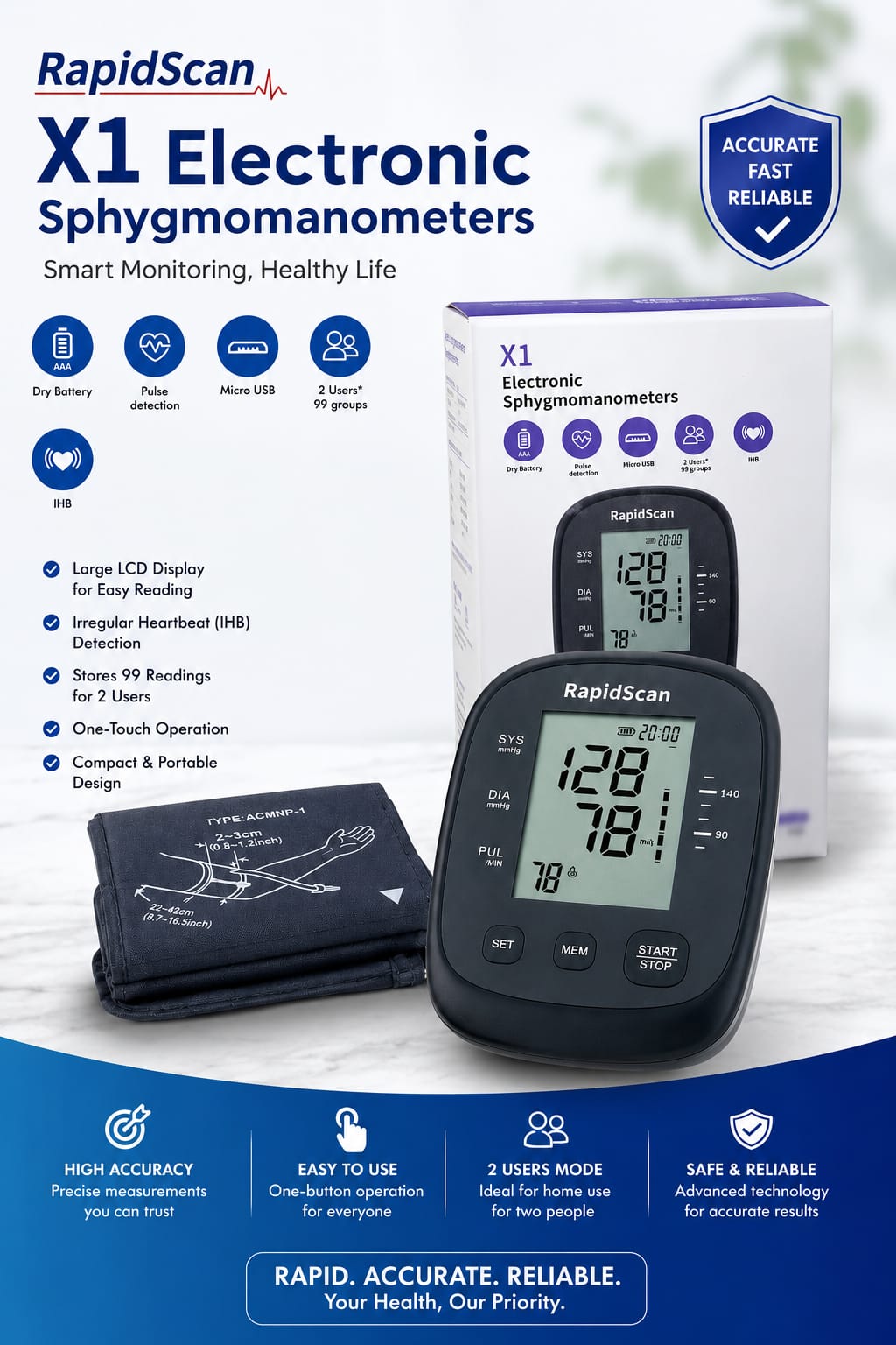 Picture of RapidScan X1 Electronic Sphygmomanometer Automatic Digital Blood Pressure Monitor