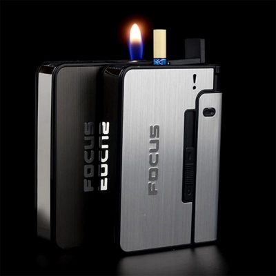 Picture of Focus Cigarette box Cigarette Case Metal Windproof Refillable Gadgets Lighter Cigarette Box For Men Smoking Gift 10 cigarett e capacity