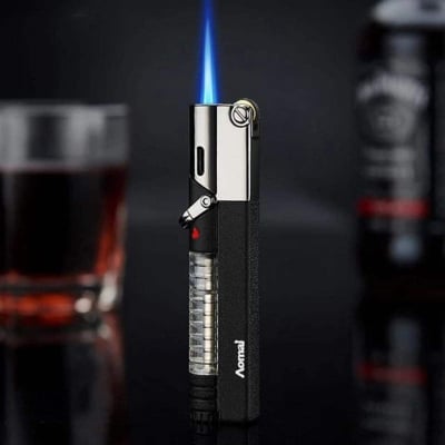 Picture of Amoi Gas Visible Jet Windproof Lighter Safety Lock Straight Flame Refillable Gas Window for Cigar BBQ Kitchen Cooking