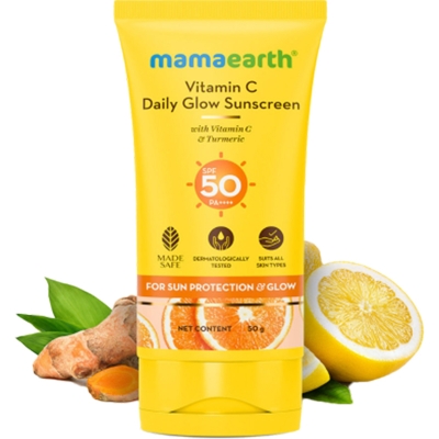 Picture of Mamaearth Vitamin C Daily Glow Sunscreen with Vitamin C & Turmeric for Sun Protection & Glow - 50 g | SPF 50 PA++++ | No White Cast | Lightweight & Non-Sticky | Brightens Skin | For All Skin Types 