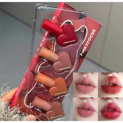 Picture of 4-Color Creative Love Waterproof Matte Velvet Lip Gloss Set Dark Red Lipstick Kit Red Lip Tint Mud Women Korean Makeup 