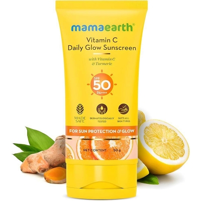 Picture of Mamaearth Vitamin C Daily Glow Sunscreen with Vitamin C & Turmeric for Sun Protection & Glow - 50 g | SPF 50 PA++++ | No White Cast | Lightweight & Non-Sticky | Brightens Skin | For All Skin Types 