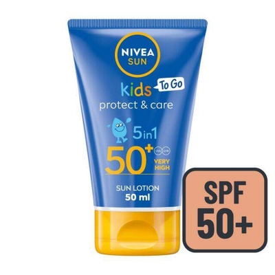 Picture of 5in1 sun protection that immediately protects children's skin against sunburn & prevents skin dehydration. Pediatrically approved, extra water resistant formula. NIVEA SUN Kids Protect & Care To Go Lotion Multicolor
