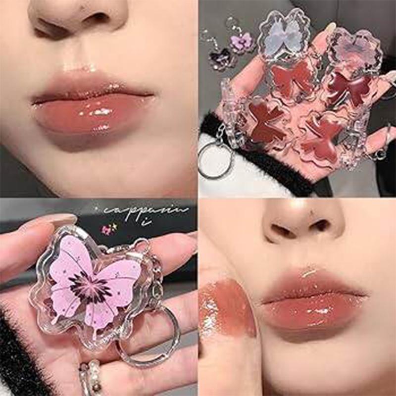 Picture of Butterflies-shape Water Gloss Lipstick Watermelon Jelly Solid Lip Gloss Peach Tea Moisturizing Lip Tint Lasting Lip Makeup 