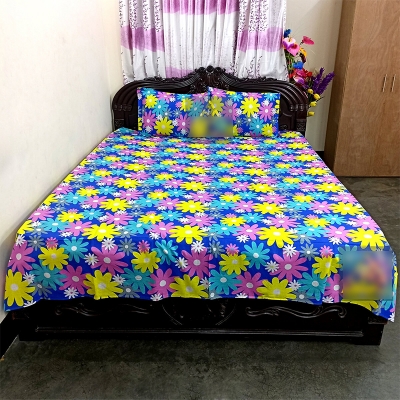 Picture of Cotton Fabric Multicolor Print 7.5 by 8.5 Feet Double King Size Bedsheet Set with Two Pillow Covers Multicolor