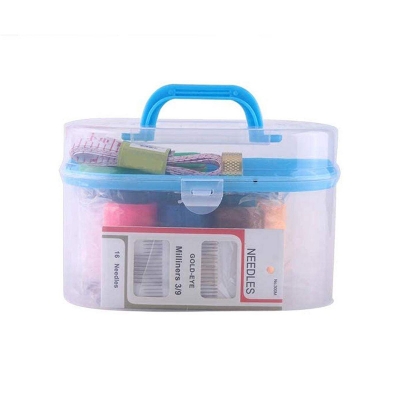 Picture of Portable Sewing Kit Box Plastic Organizer Storage Box with Removable Interlayer for 10pcs Sewing Tools Including Needle Tape Measure Scissor Thimble Multicolor