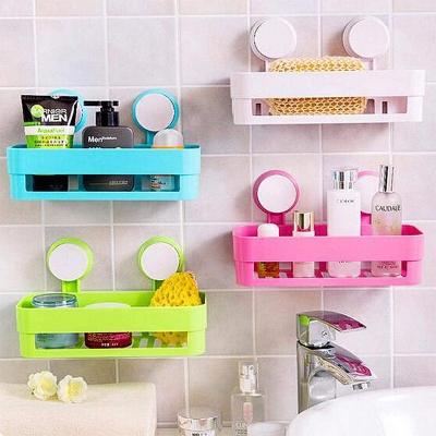 Picture of bathroom shelf plastic toilet bathroom wall hanging storage rack basket no trace stickers Multicolor