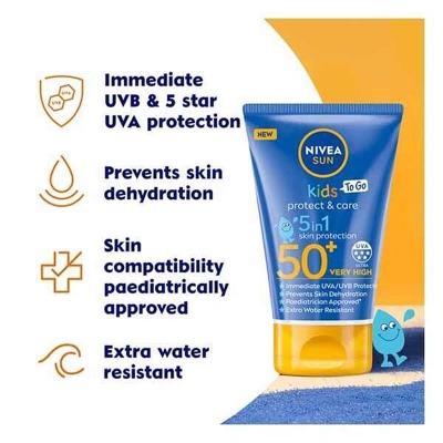 Picture of 5in1 sun protection that immediately protects children's skin against sunburn & prevents skin dehydration. Pediatrically approved, extra water resistant formula. NIVEA SUN Kids Protect & Care To Go Lotion Multicolor