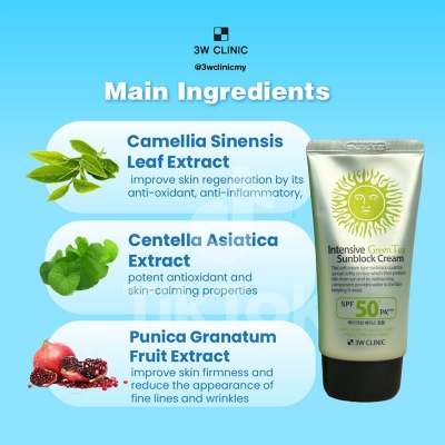 Picture of 3W Clinic Intensive Green Tea Sunblock Cream SPF 50+PA+++ 70ml Multicolor