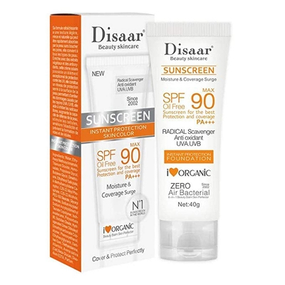 Picture of Disaar Sunscreen SPF 90 Instant Protection UVA UVB Foundation PA+++ Oil Free Sunblock Cover Protect Perfectly Moisturizing Coverage Surge 40g Multicolor