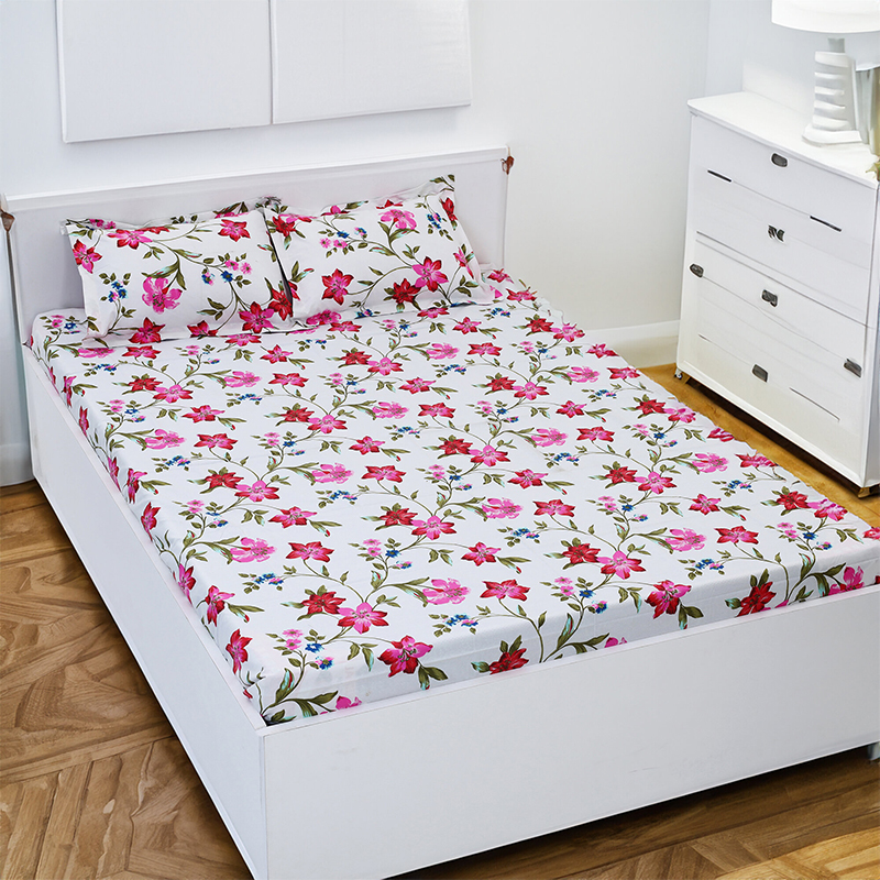 Picture of Double Size Flat Cotton Multicolor Bed Sheet Set - Two Pillow Covers Included Easy Maintenance - 300 Thread Count- Hand Washable Multicolor