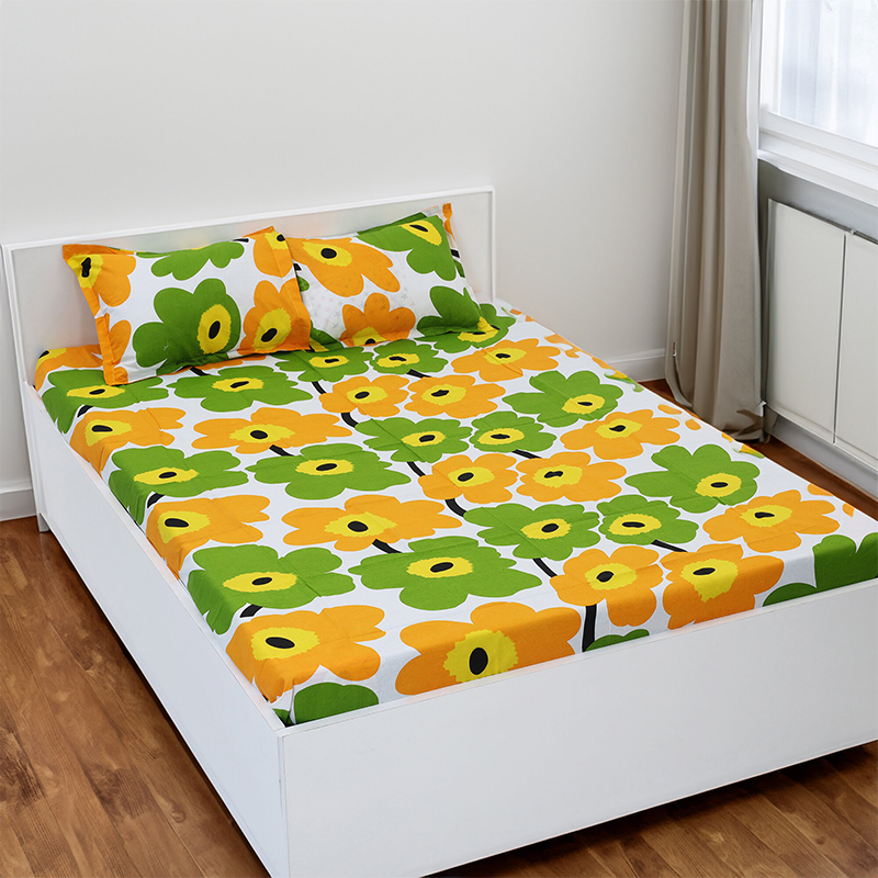 Picture of Double Size Flat Cotton Multicolor Bed Sheet Set - Two Pillow Covers Included Easy Maintenance - 300 Thread Count- Hand Washable 