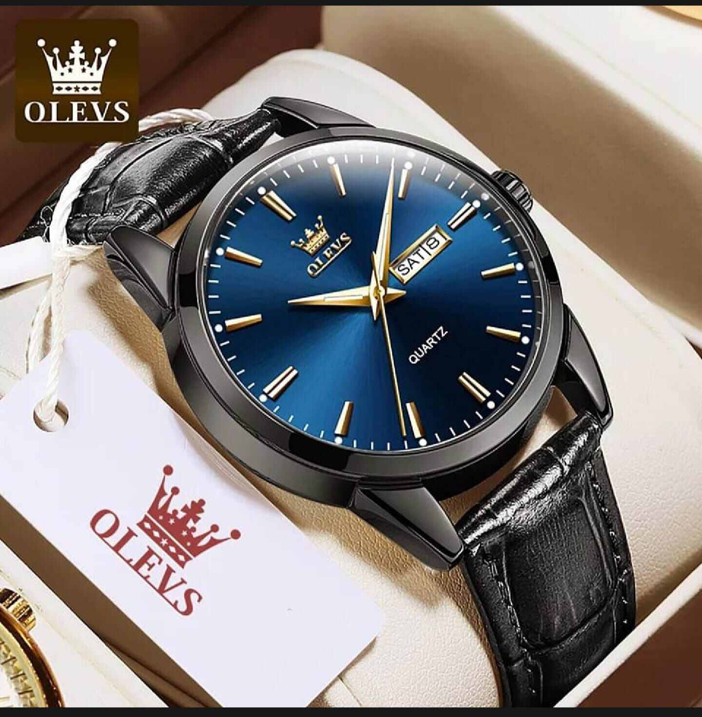 Picture of Olevs Men Watch Luxury Leather Luminous Hand Watch Black & Blue - Watch For Men