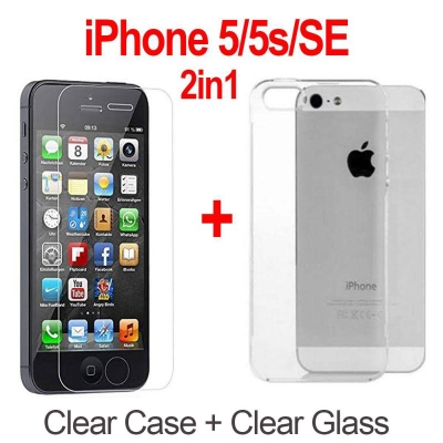 Picture of iPhone 5/5s/SE (2016) 2in1 Combo Pack (Screen Protector Glass+Clear Transparent Back Cover Case)-IPhone 5 5s SE