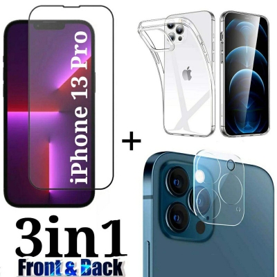 Picture of Premium Curved HD Clear Transparent Tempered Glass Screen Protector+Full Coverage Premium Camera Lens Protector Glass+ Clear Soft Silicone Case Cover Combo Pack For Apple iPhone 13 Pro-iPhone 13 Pro
