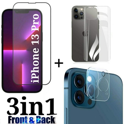 Picture of Premium Curved HD Clear Transparent Tempered Glass Screen Protector+Full Coverage Premium Camera Lens Protector Glass+ Clear Back Protector Film Combo Pack For Apple iPhone 13 Pro-iPhone 13 Pro