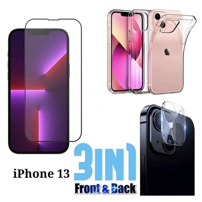 Picture of Premium Curved HD Clear Transparent Tempered Glass Screen Protector+Full Coverage Premium Camera Lens Protector Glass+ Clear Soft Silicone Case Cover Combo Pack For Apple iPhone 13-iPhone 13