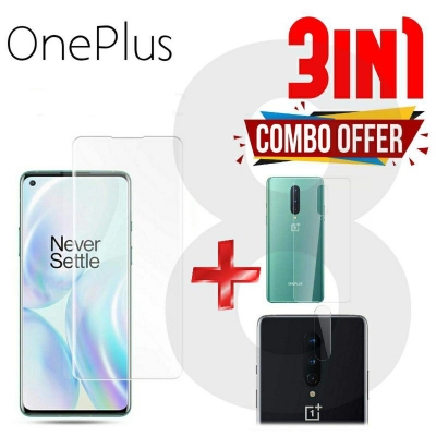 Picture of 3 in 1 Combo Pack For OnePlus 8 Curve Scratch Proof UV Tempered Glass Screen Protector, Transparent Back Protector Film and Camera Lens Protector-OnePlus 8