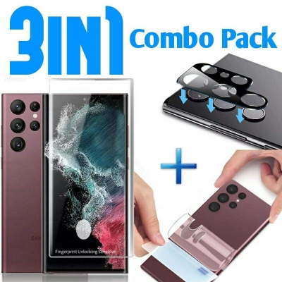 Picture of 3in1 Combo Pack Premium Scratch Resistant Real Tempered Glass UV Screen Protector + 9H Scratch Resistant HD Clear Camera Protector Glass + Clear Transparent Back Film For Samsung Galaxy S22 Ultra-Samsung Galaxy S22 Ultra