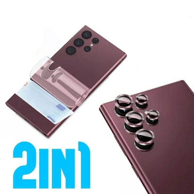 Picture of 2in1 Combo Pack 5PCS Ring Camera Lens Protector Aluminium with Tempered Glass + Clear Transparent Back Protector Film For Samsung Galaxy S22 Ultra